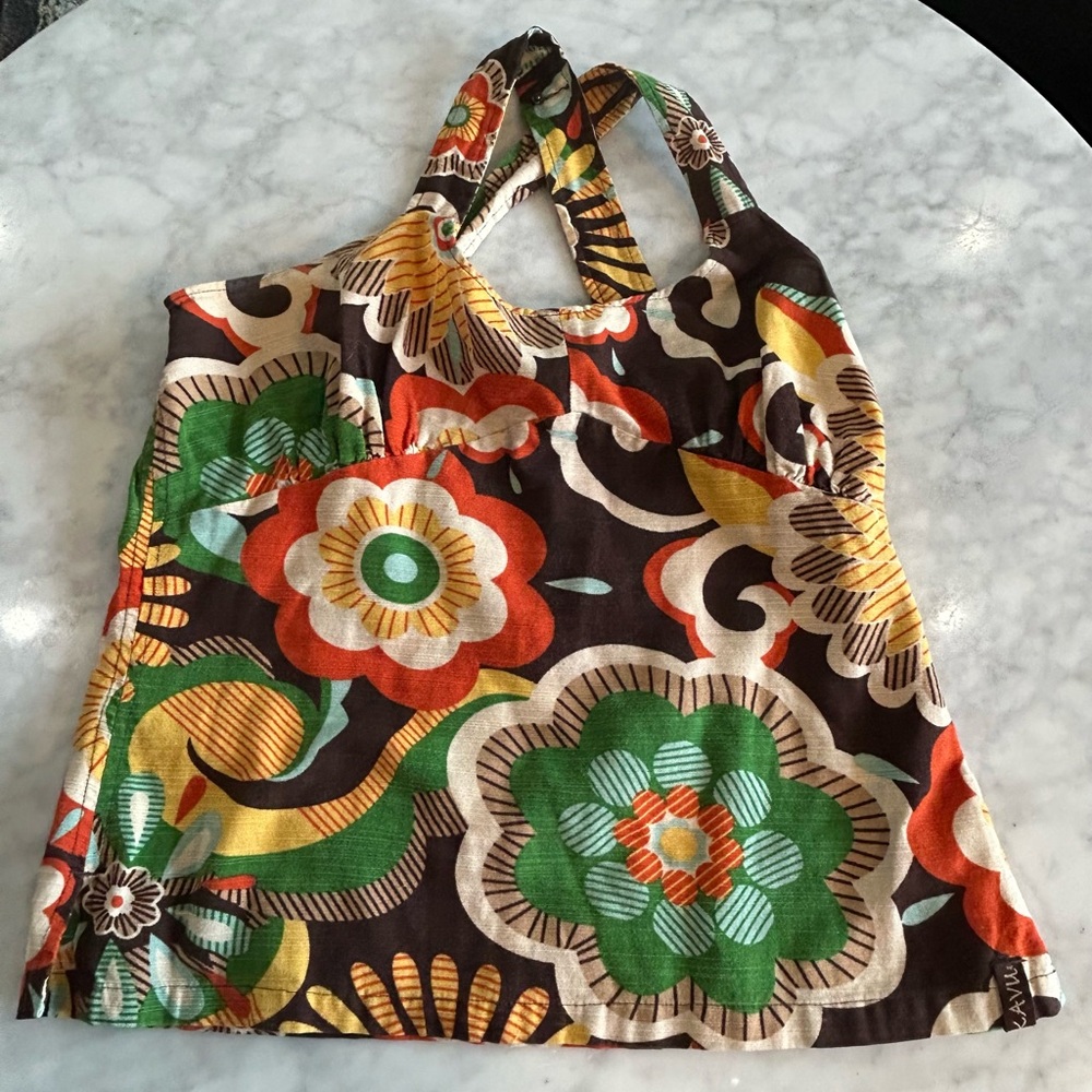 Kavu Brown Floral Halter Tank with Green, Orange & Yellow Accents